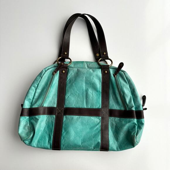 Latico Top Handle Aqua Leather Brown Accent Bowling Bag Style Medium Bag - Picture 2 of 10